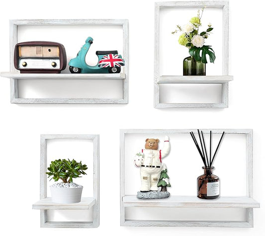 PHOENANCEE Square Floating Shelves,Framed Wall Shelf Decorative Set of 4,Modern Plants Hanging Display Art Decor Storage for Livingroom Bedroom Bathroom Farmhouse,Home Light Wood,Rustic White
