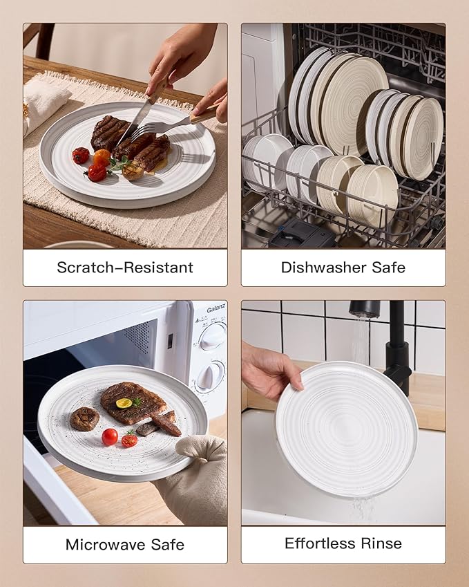 Stoneware Dinnerware Sets, Plate and Bowl Sets for 4, 12 Pieces Spiral Straight Dishware with Speckles and Reactive Glaze, Microwave Dishwasher Safe Family Tableware, White