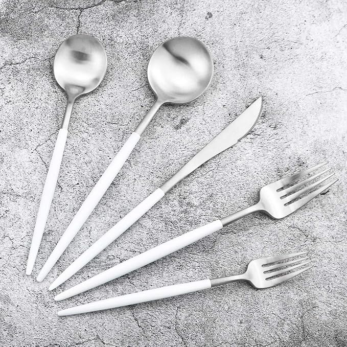 Gugrida 20-Piece 18/10 Stainless Steel Flatware Silverware, Luxury Dinnerware Set Travel Cutlery Tableware Include Knife Fork Spoon Service for 4, Dishwasher Safe (White Handle Matte Silver)