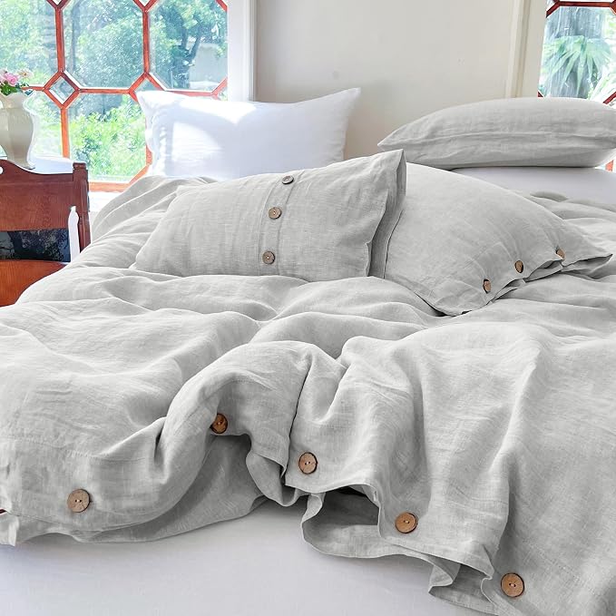 Simple&Opulence 100% Linen Duvet Cover Set 2pcs with Coconut Button Closure Natural French Washed Flax Solid Color Soft Breathable Farmhouse Bedding - Light Grey, Twin Size