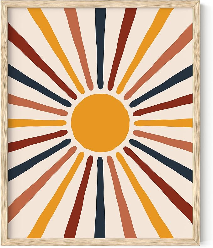 HAUS AND HUES Centered Sun Boho Poster - Mid Century Modern Print, Boho Picture for Wall, Yellow Sun Rainbow Rays (Framed Beige 16x20)