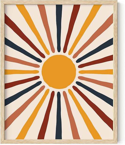 HAUS AND HUES Centered Sun Boho Poster - Mid Century Modern Print, Boho Picture for Wall, Yellow Sun Rainbow Rays (Framed Beige 16x20)