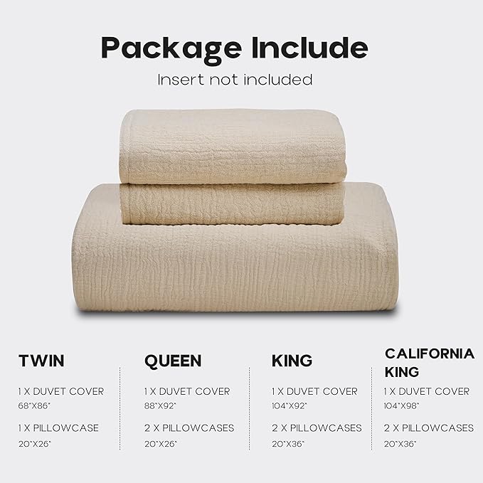 Simple&Opulence Linen Muslin Duvet Cover Set Queen Size, 3Pcs Khaki Linen Cotton 3-Layer Gauze Minimalist Comforter Cover 88”x92”, Ultra Soft Breathable Seersucker Bedding Set with 2 Pillowcases