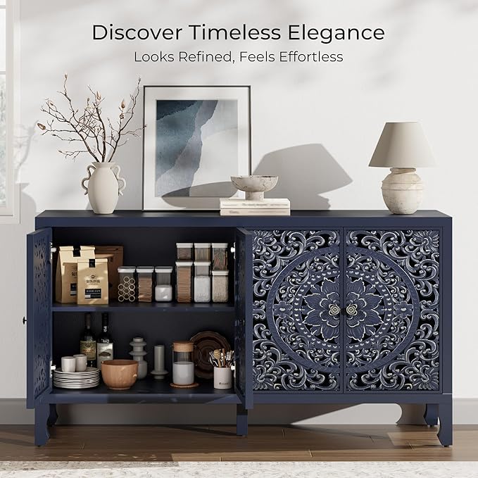 Buffet Cabinet with Storage, Accent Cabinet with 4 Carved Doors, Solid Wood Sideboard with Adjustable Shelf, Vintage Cabinets for Kitchen, Living Room, Entryway, Blue