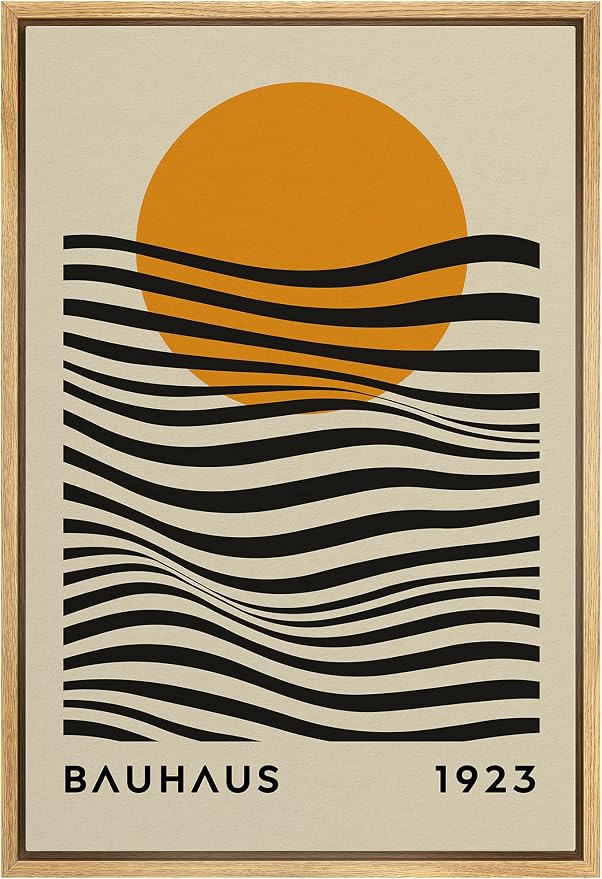 MUDECOR Framed Canvas Print Wall Art Mid-Century Bauhaus Geometric Sun Waves Shapes Abstract Illustrations Modern Art Minimal Multicolor Relax/Calm for Living Room, Bedroom, Office - 24"x36" Natural
