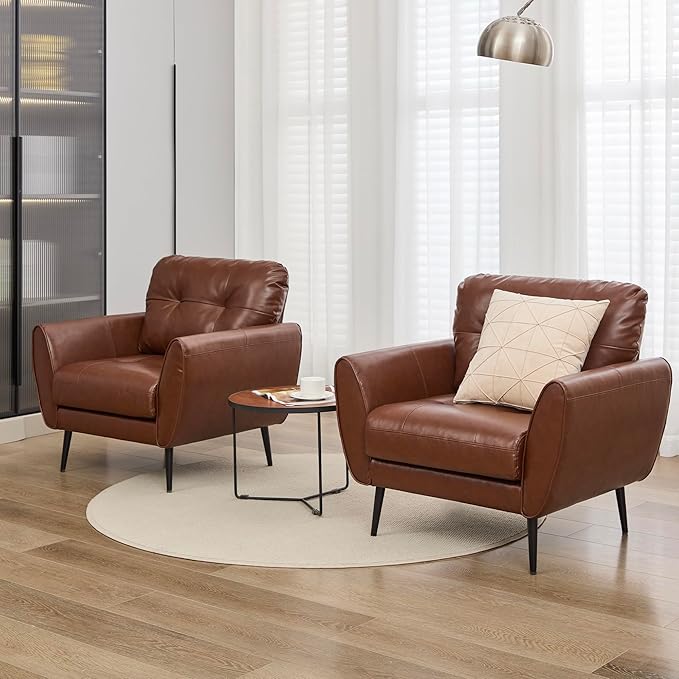 TYBOATLE Accent Chairs Set of 2, Comfy Modern Living Room Brown Leather Reading Accent Chairs Tufted Mid Century Arm Chair Small Salon Chair for Office Bedroom (2, Brown)