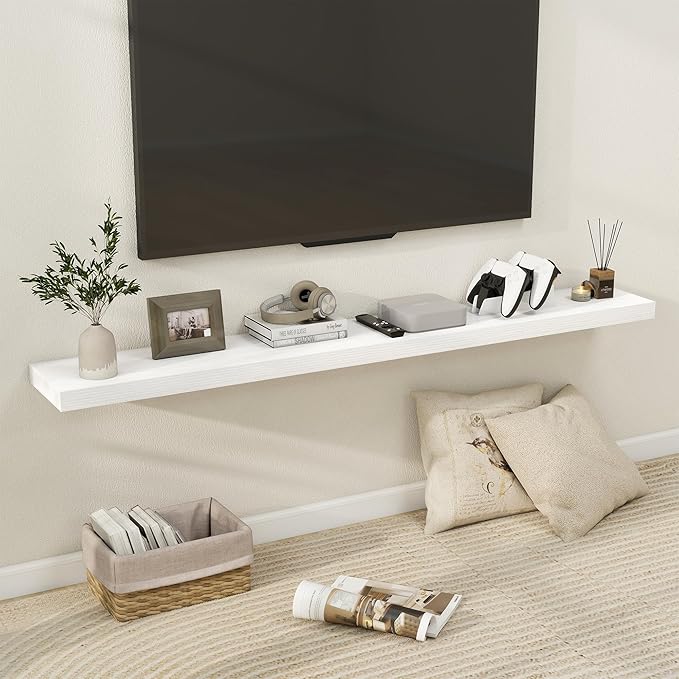 Fun Memories 66 Inch Fireplace Mantel Shelf with Invisible Bracket, 8 Inch Deep Floating Shelf for Living Room, Kitchen, Farmhouse, White