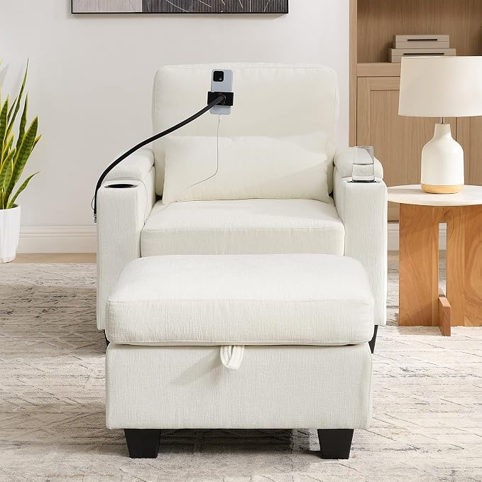 Oversized Chaise Lounge Chair Indoor, Single Convertible Recliner Reading Arm Sofa Chair W/Adjustable Backrest & Charging Port Couch Bed for Living Room, Home Theater & Bedroom, Beige