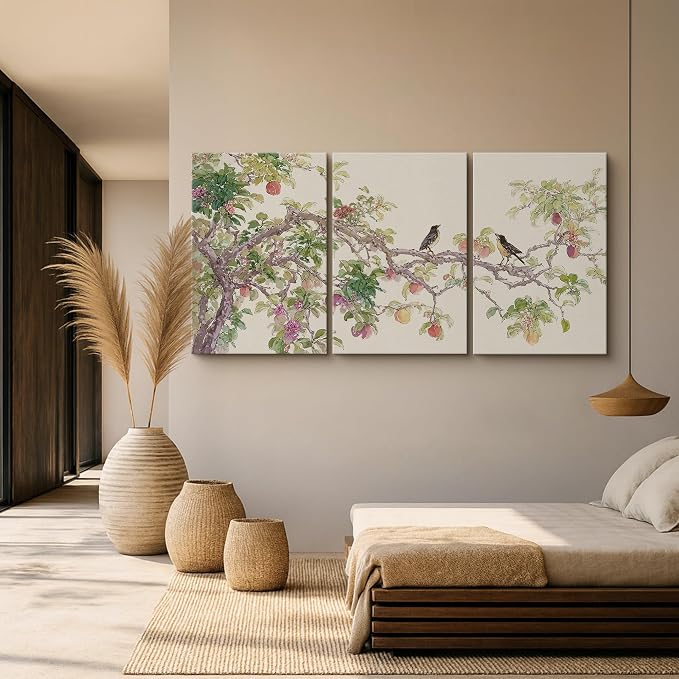 wall26 Canvas Print Wall Art Set Watercolor Fruit Tree Branch with Birds Botanical Decorative Minimal Relax/Zen for Living Room, Bedroom, Office - 16"x24" x 3