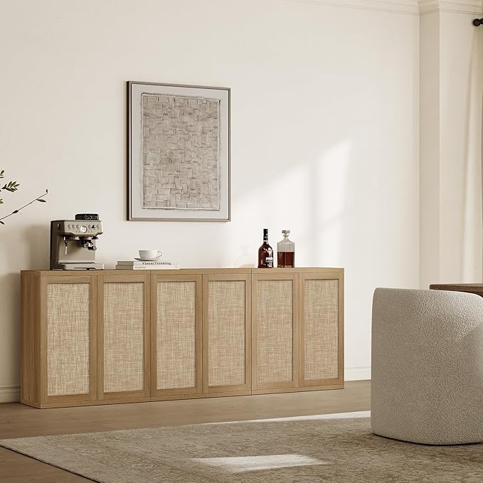 SICOTAS Rattan Sideboard Buffet Storage Cabinet - Farmhouse Boho Coffee Bar Cabinet with Adjustable Shelves, Large Console Table Credenza Stand for Living Room, Dining Room, Entryway, Oak (3 PCS)