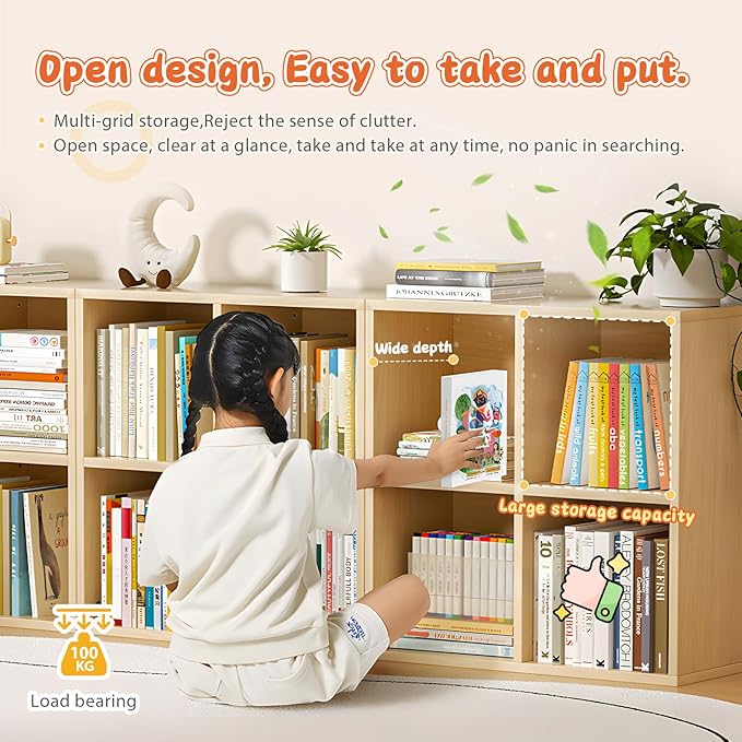 6 Cube Storage Organizer, Cubby Storage Organizer, Cube Shelf with Back Plate, Wooden Kids Bookcase for Toy, Solid Wood Cube Storage for Living Room/Bedroom/Hallway/School, Easy to Install