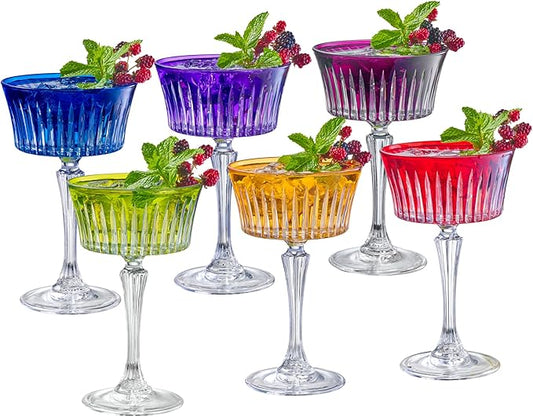 Barski Colored Champagne Coupe Glasses - Assorted Colors - Cocktail Coupe Glass, Stemmed Martini Glassware, Can be used for Dessert, Ice Cream - Set of 6 - Gift Ready - 8.7 oz., Made in Europe