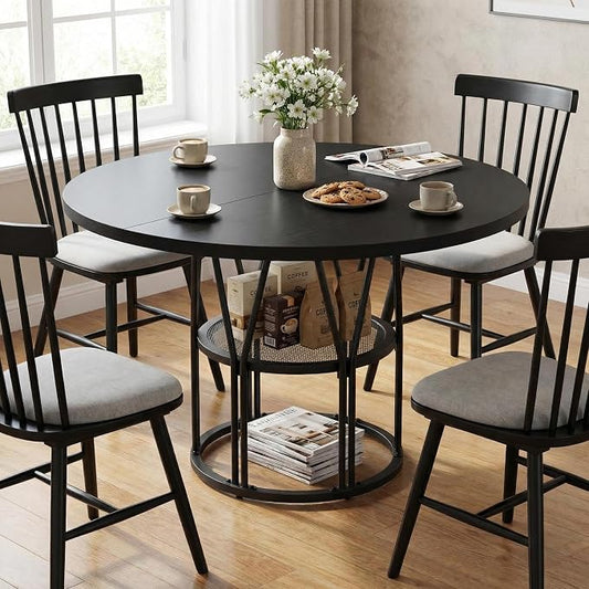 Garvee Round Dinning Table for 4-6 - 47" Circle Dinner Table with Storage Shelf & Sturdy Metal Frame, Modern Breakfast Tea Desk for Kitchen, Living Room, Apartment, Office, Black