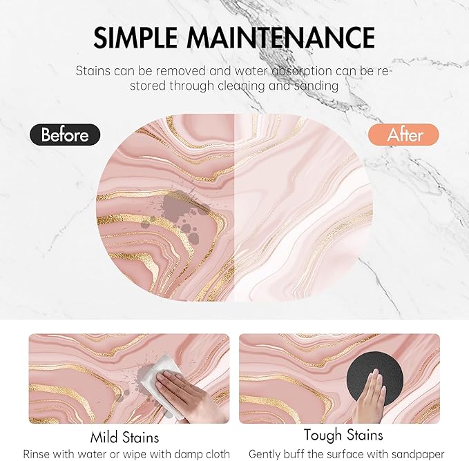 Bathroom Rug Mat Abstract Pink Golden Marble Oval Bath Mat Doormat Absorbent Quick Dry Non Slip Diatom Mud Mat for Shower Tub Sink Laundry Kitchen Doorway 23.6x15.7 Inches