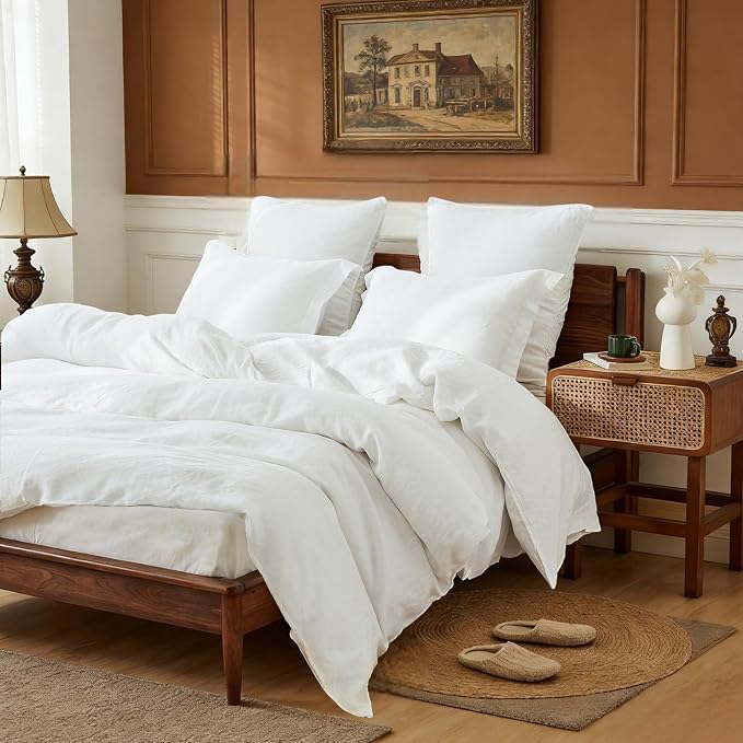 Simple&Opulence 100% Linen Duvet Cover Set, 3 PCS Natural French Flax White Duvet Cover King Size, Breathable Soft Comfy Linen Bedding Comforter Cover with 2 Pillowcases(White, 104"x92")