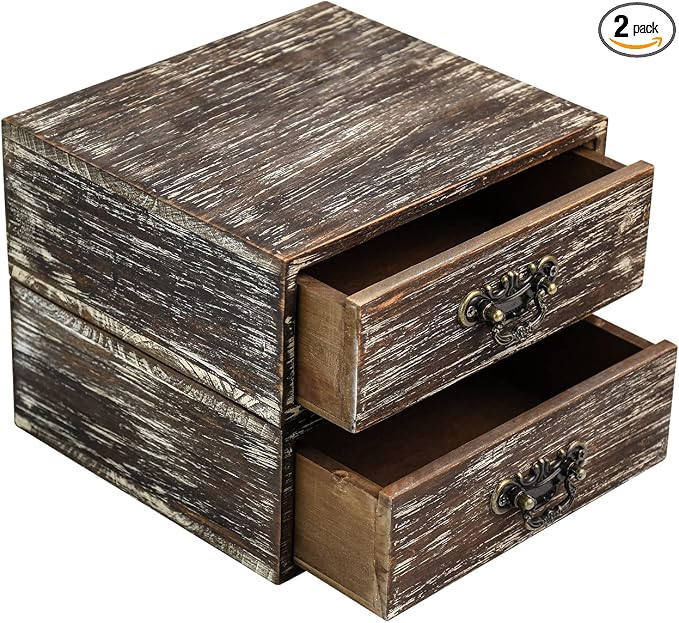 OKSQW Office Desk Organizer Drawers Dark Brown Vintage 2pcs/set Small Wood Desktop Storage Box Farmhouse Kitchen Countertop Organizer Makeup Storage Box for Workspace Home Toiletries Supplies Vanity