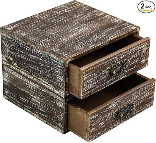 OKSQW Office Desk Organizer Drawers Dark Brown Vintage 2pcs/set Small Wood Desktop Storage Box Farmhouse Kitchen Countertop Organizer Makeup Storage Box for Workspace Home Toiletries Supplies Vanity