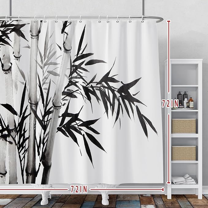 Baocicco Black White Bamboo Shower Curtain Chinese Ink Painting Plant Art Aesthetic Shower Curtains Decorative for Bathroom Waterproof Fabric Shower Curtain with Hooks 72x72 Inches