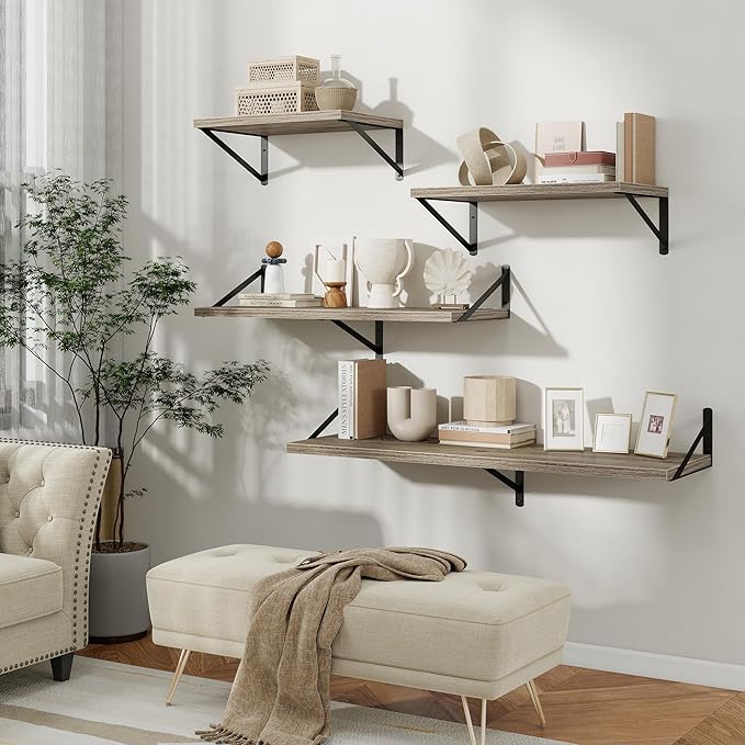 Floating Shelves, 12 Inch Deep Rustic Wood Wall Storage, 24W x 12D Wall Shelves Set of 2, Heavy Duty Metal Brackets, Large Industrial Book Shelf for Living Room, Kitchen, Bedroom, Grey