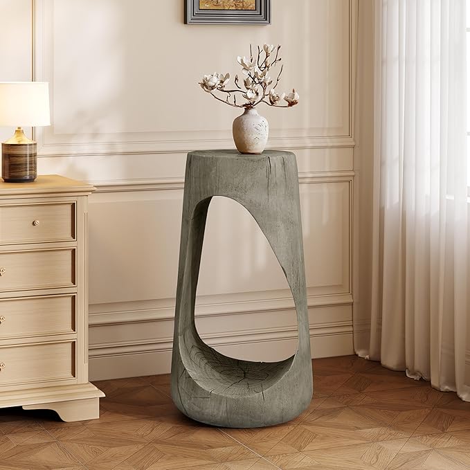 ø11.6'' Side Table End Table for Living Room, Modern Farmhouse Countryside Style, Magnesium Oxide & Lightweight Concrete Material for Indoor & Outdoor, No Assembly, Wood Grain, Gray