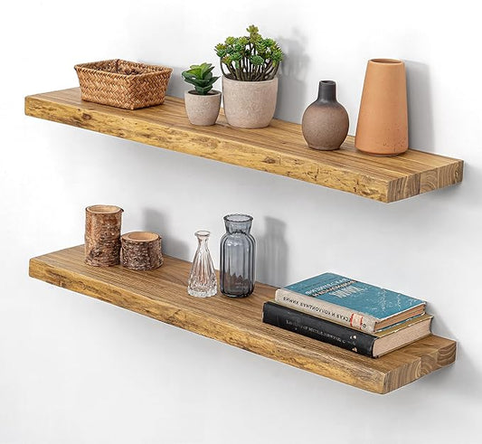 Rustic Floating Shelves for Home Decor, 32 Inch Long Wall Shelves Set of 2, Solid Elm Wood Live Edge Floating Shelf for Wall, 8 Inch Deep Bookshelf for Storage, 32 x 8 Bathroom Shelf, Natural Color