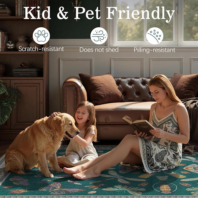 DCX 8x10 Washable Insect Rug, Vintage Gothic Deep Teal Rug with Non-Slip Rubber Backing, Soft Low-Pile, Stain-Resistant, Kid & Pet Friendly, for Living Room, Bedroom, Office, and Nature-Themed Decor