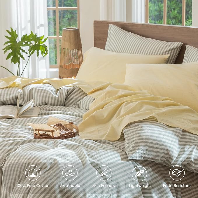 MooMee Bedding Sheet Set 100% Washed Cotton Linen Like Textured Breathable Durable Soft Comfy (Heathered Butter Yellow, California King)