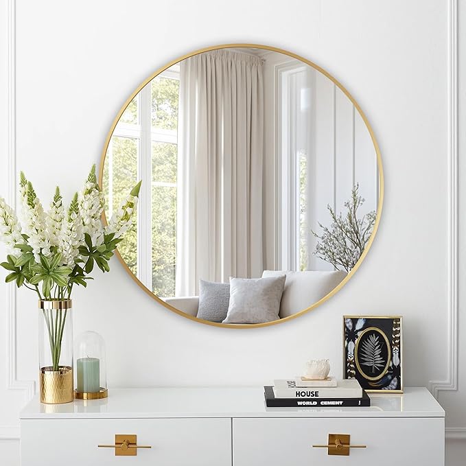 Round Mirror, Wall Mounted Circle Mirror with Brushed Metal Frame, Circular Mirrors for for Bathroom, Living Room, Vanity, Bedroom, Entryway, 30inch,Gold
