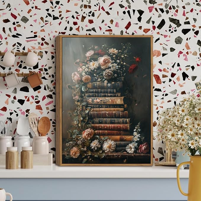 WALLZK Vintage Framed Wall Art Floral Books Canvas Prints Library Antique Literary Retro Decor Botanical Pictures Artwork for Walls Living Room Study Bedroom Bathroom 8"x10"