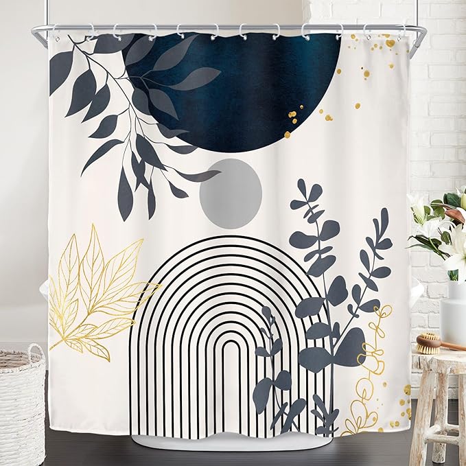 Riyidecor Boho Navy Blue Mid Century Shower Curtain,Modern Abstract Gold Leaves Fabric Cloth Bathroom Curtains,Minimalist Geometric Tropical Neutral Arch Sun Bathroom Decor Set with Hooks 72x72 Inch
