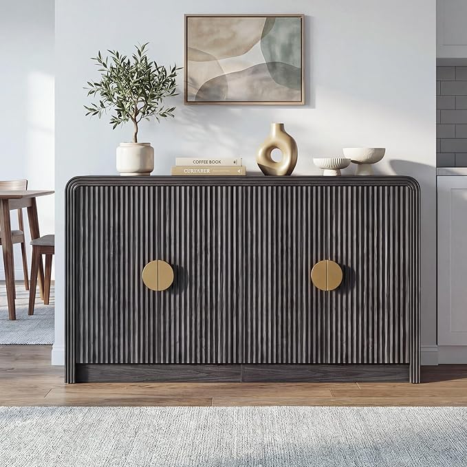 Decofy 55" Buffet Sideboard Cabinet, Modern Mid Century Console Cabinet with Adjustable Shelves & Wavy Grain Doors for Kitchen Cabinets, Living Room, Entryway, Coffee Bar Cabinet (Black Walnut)