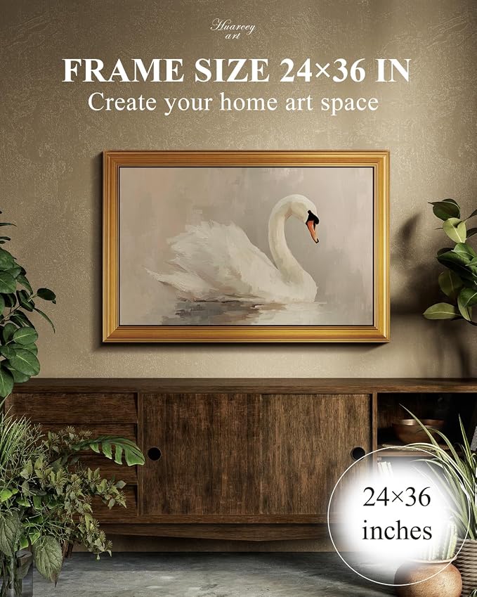 HUARCEY Gold Framed Vintage Wall Art for Living Room, Animals Painting Prints Shelf Decor for Kitchen, Aesthetic Bedroom Wall Art, Best Gifts for Friends or Family - Swan White 36L x 24W