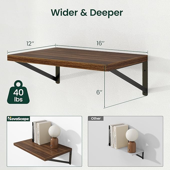 Floating Shelves, 12 Inch Deep Rustic Wood Wall Storage, 16W x 12D Wall Shelves Set of 2, Heavy Duty Metal Brackets, Large Industrial Book Shelf for Living Room, Kitchen, Bedroom, Walnut
