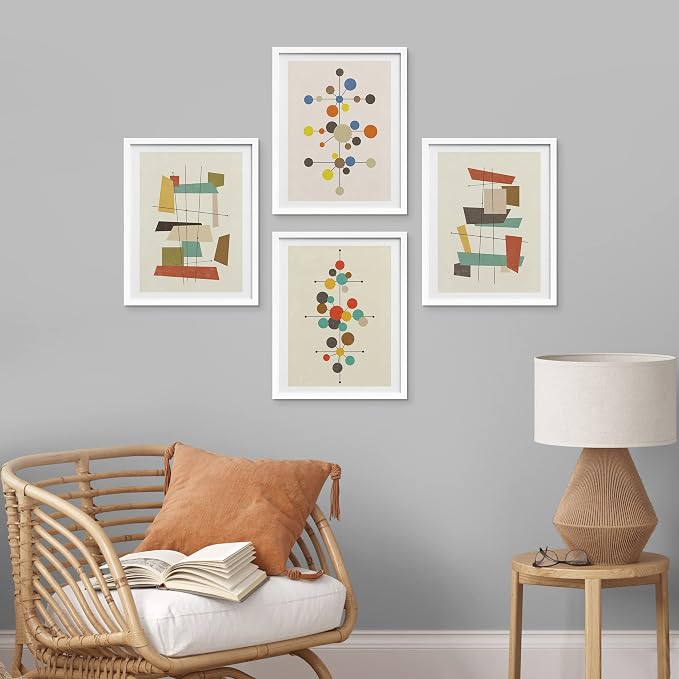 SIGNWIN Framed Mid-Century Modern 1960s Vintage Nordic Polygons Wall Art, Set of 4 Abstract Geometric Wall Decor Prints, Nature Wilderness Wall Décor for Living Room, Bedroom - 11"x14" White