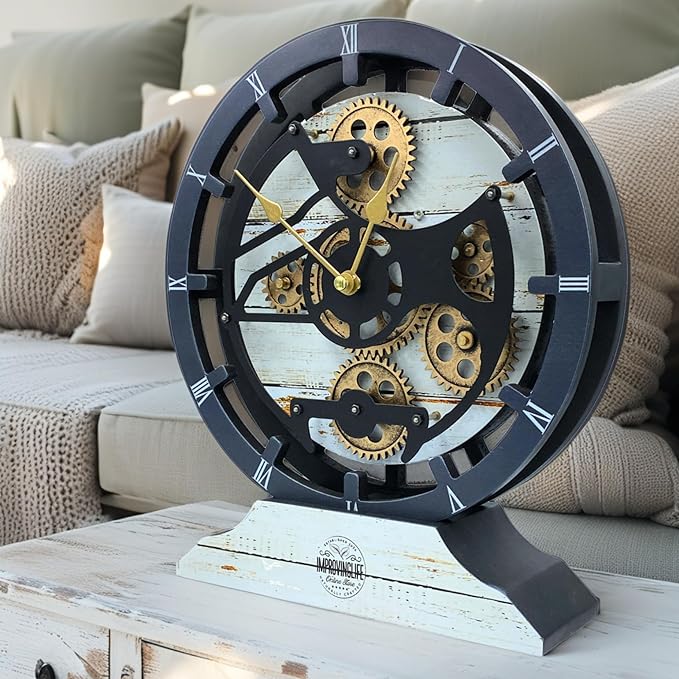 ImprovingLife The Gears Clock Desk Clock 10 inches with Real Moving Gears Convertible into Wall Clock (Desert Beige)