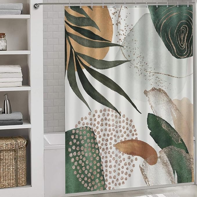 Mid Century Modern Shower Curtain for Bathroom, Boho Aesthetic Tropical Palm Leaves Bohemian Abstract Minimalist Sage Green Waterproof Fabric Shower Curtain Set with Hooks, 72"x78" Inch