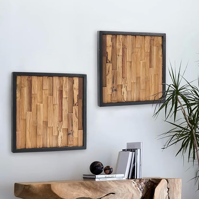 Warmaxx Rustic Teak Wood Framed Wall Décor Aesthetic 17" x 17" Farmhouse Wall Art Christmas Decoration Home Office Dorm Neutral Square Handmade Geometric Wooden Wall Décor Living Room Bedroom Hallway