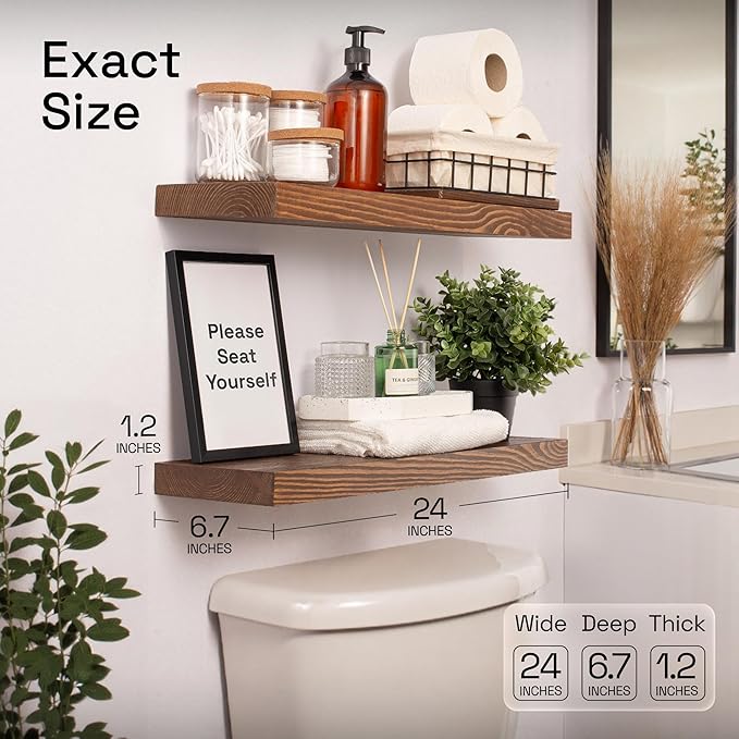 BAOBAB WORKSHOP Wood Floating Shelves, Bathroom Shelf 24 inch, Walnut Floating Shelf for Wall Mounted, Solid Wooden Wall Shelves for Bedroom Kitchen, Walnut Finish, 24 x 6.7, Set of 2
