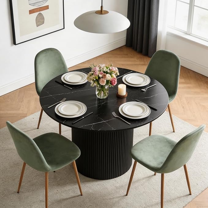 Dining Table Set for 4, Mid Century Modern 47 Inch Black Marble-Look Wooden Round Dining Table Set, Space Saving (Table + 4 Green Chairs)