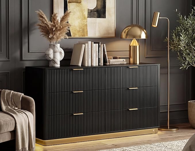 Fluted Dresser for Bedroom with 6 Drawers, 54" Wide Modern Chest of Drawers with Lighting, Wooden Dresser TV Stand with Curved Edges, Closet Organizer for Living Room, Hallway, Black