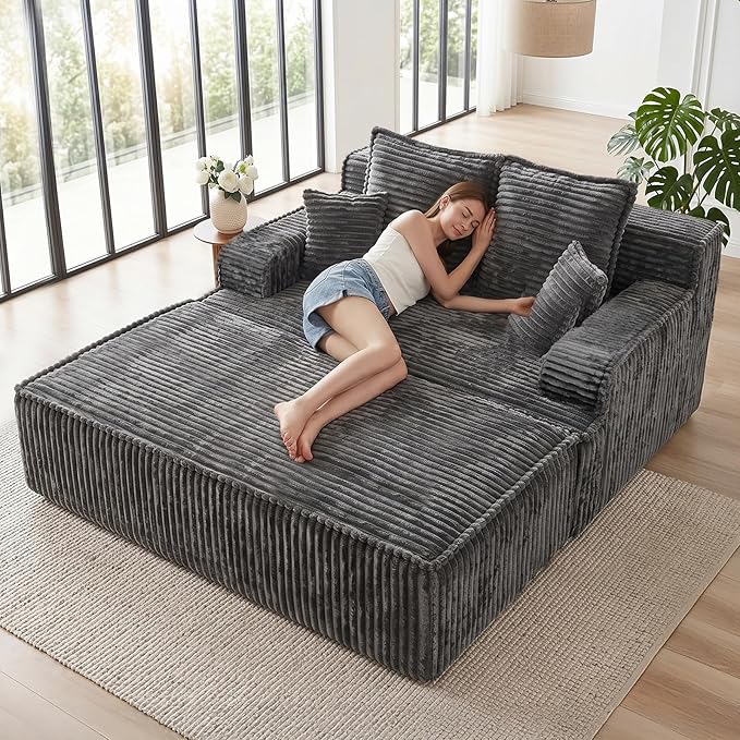 Chaise Lounge Chair Indoor,Boneless Chair with Ottoman,Comfy Reading Chair for Adults,Small Sofa Bed Couch for Living Room,Double Size,Grey