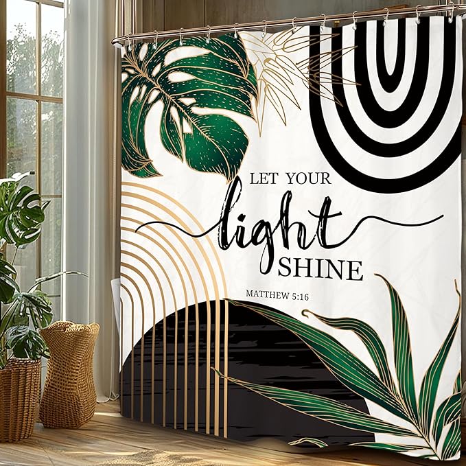 Miyotaa Abstract Emerald Green Minimalist Shower Curtain Set 60Wx71H Inches Minimalist Bible Mid Century Aesthetic Modern Inspirational Plant Leaves Waterproof Bathroom Curtain with 12 Hooks