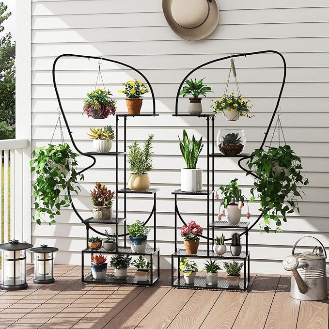 Giantex 2 Pack 6-Tier Plant Stand Indoor, Butterfly-Shaped Metal 73” Tall Ladder Plant Shelf w/ 4 Hanging Hooks, Outdoor Flowerpot Display Rack for Multiple Plants Living Room Balcony Patio Garden