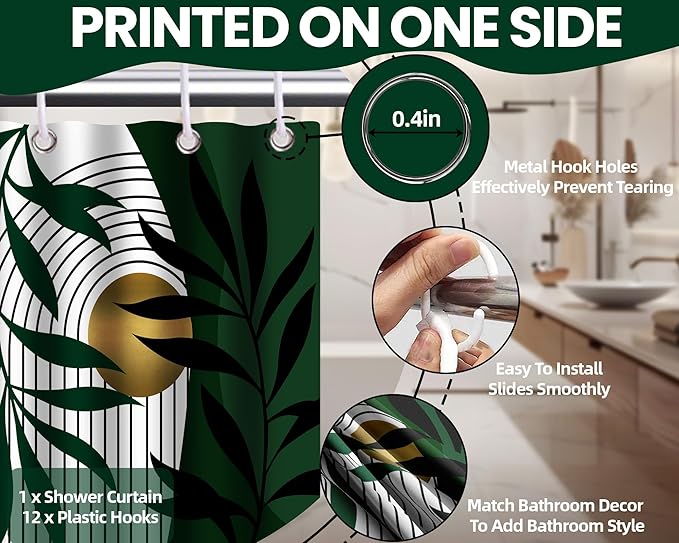 Olive Green and Gold Shower Curtain, Boho Modern Mid Century Shower Curtains for Bathroom Decor, Waterproof Fabric with Hooks, 70" W x 72" L