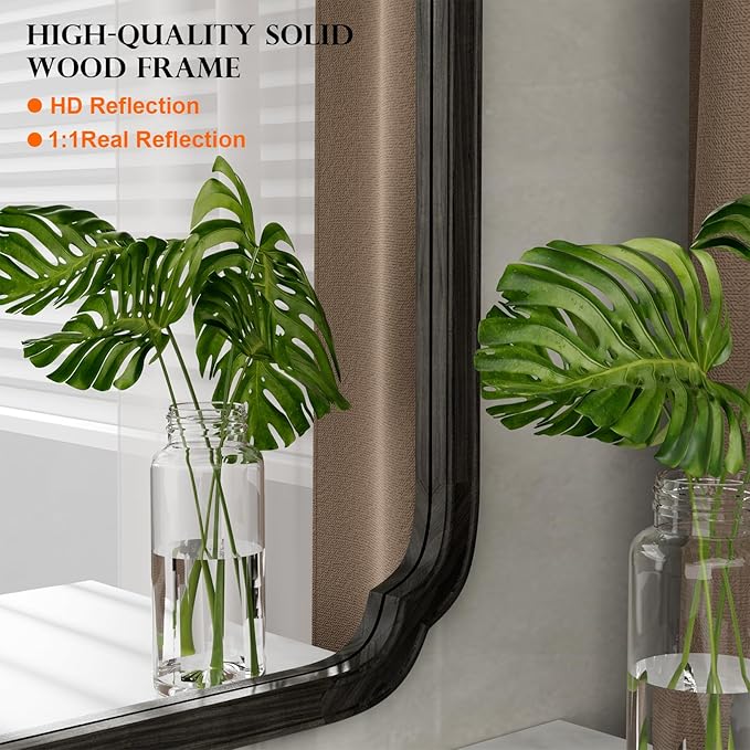 HOMECOOKIN Wood Bathroom Mirror for Wall Decor Arched Rounded Corner Rustic Wood Frame Wall Mirror Home Decorative for Vanity, Living Room, Bedroom, Entryway (30 x 40 inch, Black)