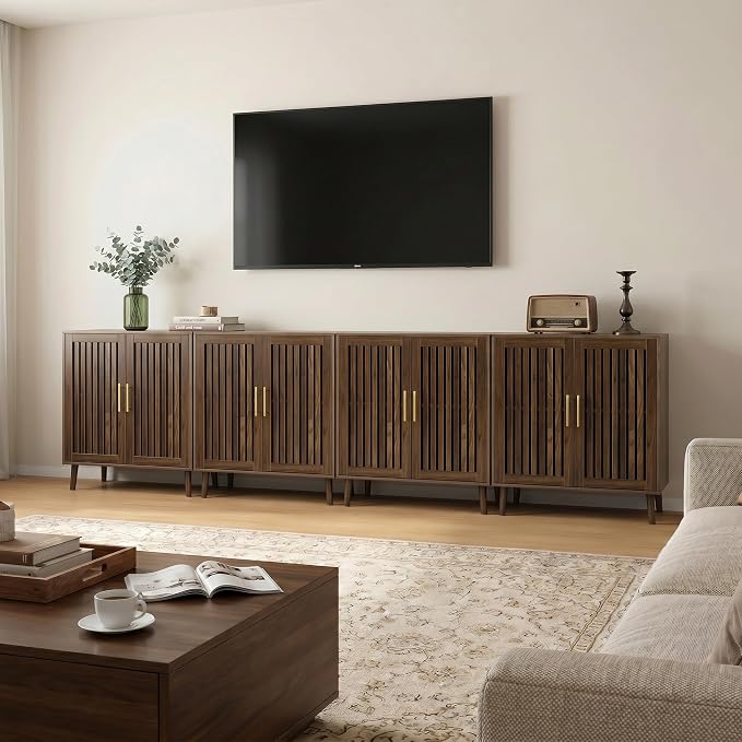 Smart FENDEE Sideboard Cabinet, 31.5" W Farmhouse Buffet Cabinet with Slatted Doors & Adjustable Shelf, Wood Coffee Bar Storage Station for Kitchen, Dining Room, Living Room, Entryway, Walnut Color