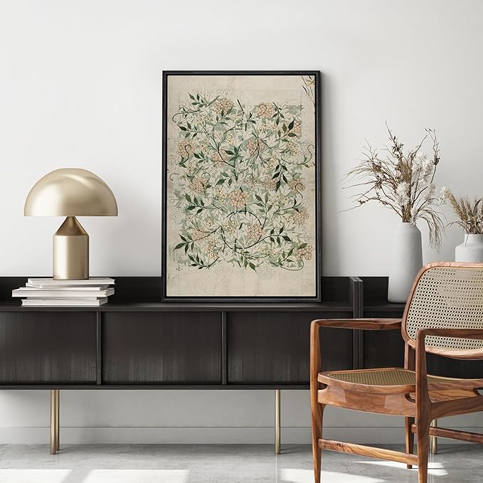 MUDECOR Framed Canvas Print Wall Art Floral Elegance Vintage Botanical White and Peach Flowers Illustrations Realism Decorative Scenic Panoramic Earth for Living Room, Bedroom, Office - 16"x24" Black