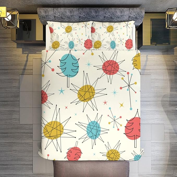 Mid Century Duvet Cover Queen Retro Atomic Bedding Set, Rainbow Grid Comforter Cover Vintage Fifties 1950s Bed Set，Abstract Art Bedding 3 Piece (1 Duvet Cover 86"x70" + 2 Pillow Sham 20"x30")