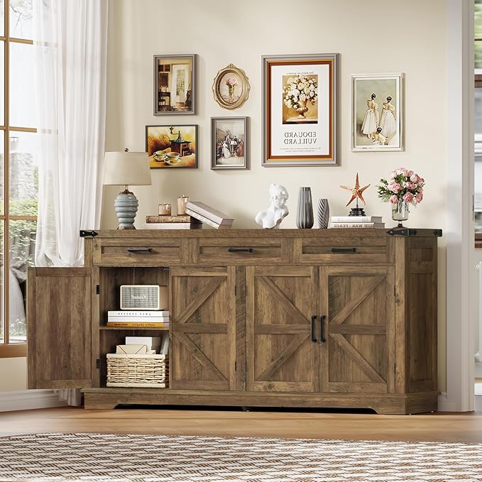 usikey 61" Large Buffet Cabinet with 4 Doors and 3 Drawers, Farmhouse Buffet Sideboard Cabinet with Storage, Coffee Bar Wine Bar for Living Room, Honey Brown