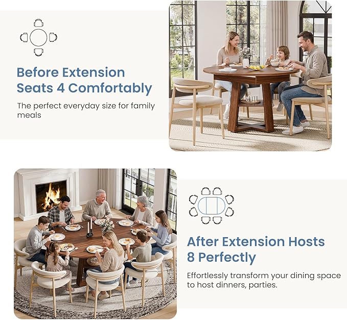 DUMOS Extendable Round Dining Table for 4-8, Modern Kitchen Oval Dinner Table with Storage Shelf, Wood Pedestal Table, Space Saving Modern Style, Brown
